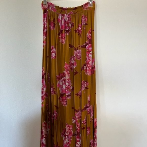 Living Doll Boho Tan Pink Floral Long Skirt - Picture 5 of 5